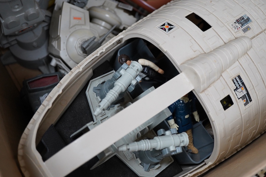 Collection of 1970s/80s Star Wars figures and vehicles including; thirty-one figures, a Speeder Bike, a Tauntaun, a Jabba the Hutt playset, a Millennium falcon, an X-wing, an AT-ST, a Rebel Transport, a Land Speeder, an